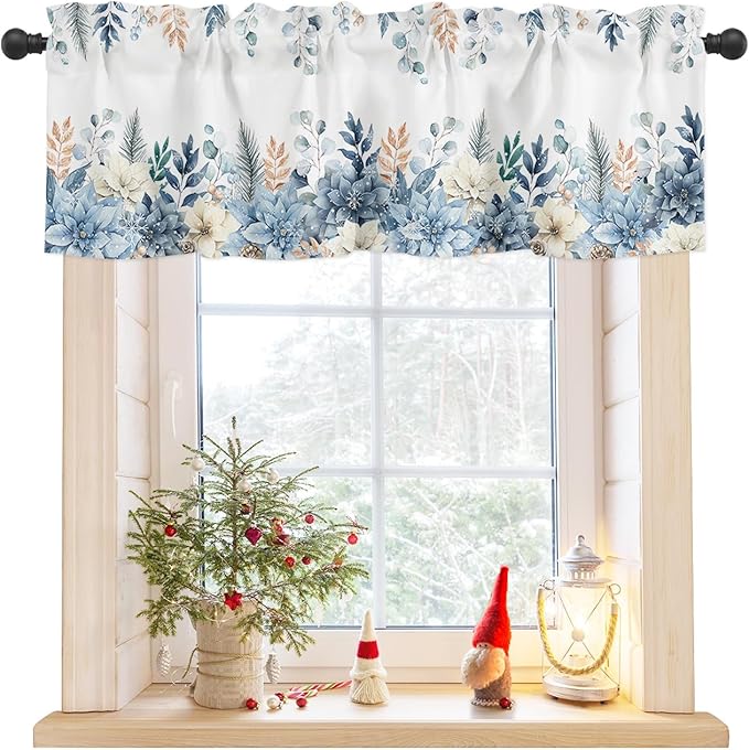 Blue Christmas Poinsettia Valance Curtains for Kitchen Windows Winter Eucalyptus Leaves Rod Pocket Window Treatment Toppers for Kitchen/Living Room/Bedroom/Bathroom, 42" X 18",