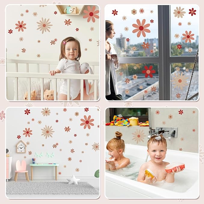 40pcs Daisy Wall Decals Boho Cute Vinyl Wall Decor Peel and Stick Floral Stickers for Girls Kids Nursery Bedroom Playroom Classroom Living Room Wall Art (4 Sheets, Classic)