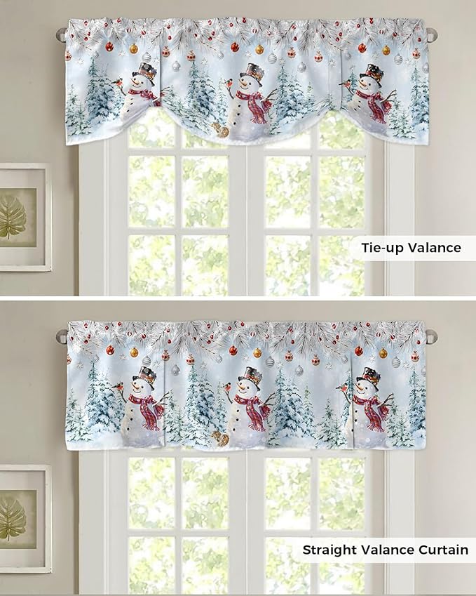 Snowman Blackout Tie Up Valance Curtains for Kitchen Windows Blue Merry Christmas Tree Red Balls Squirrel Window Toppers Balloon Shades for Living Room/Bathroom/Bedroom,1 Panel, 42" X 12", Winter