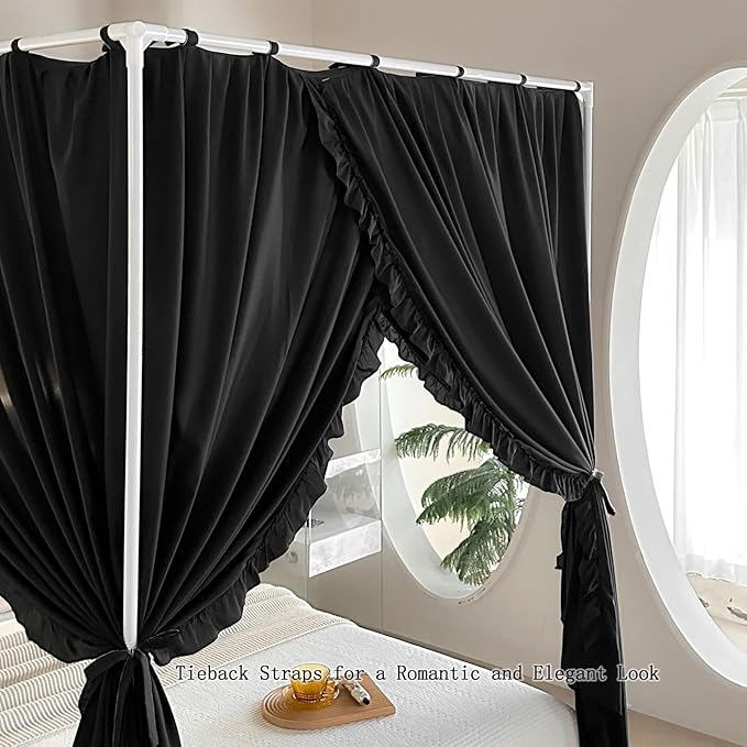 AIKASY Princess Canopy Bed Curtains with Top Ties - Windproof & Lightproof for Girls' Adult Bedroom Decor | Bed Canopy Drapes (Queen,Black)