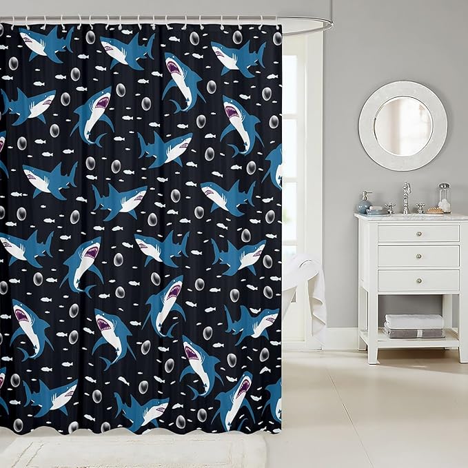 Feelyou Shark Bath Curtain Cute Shark Bathroom Shower Curtain Set for Kids Toddler Boys Girls Cartoon Shark Shower Curtain Shark Ocean Kids Bathroom Accessories 72"x72"