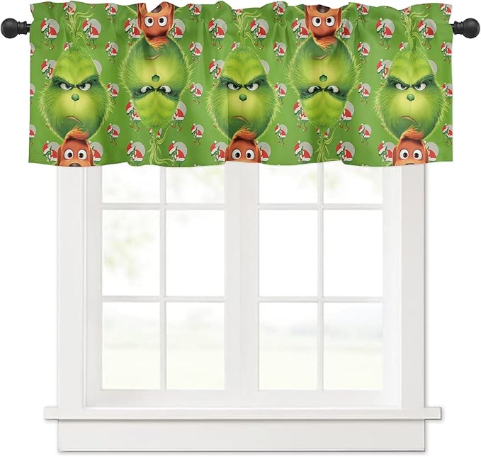 Green Monster Christmas Window Valance for Kitchen Living Room Merry Grinchmas Window Curtain for Bedroom Grin-ch Window Valance Rod Pocket Window Treatment Christmas Decors, 54" W x 18" L