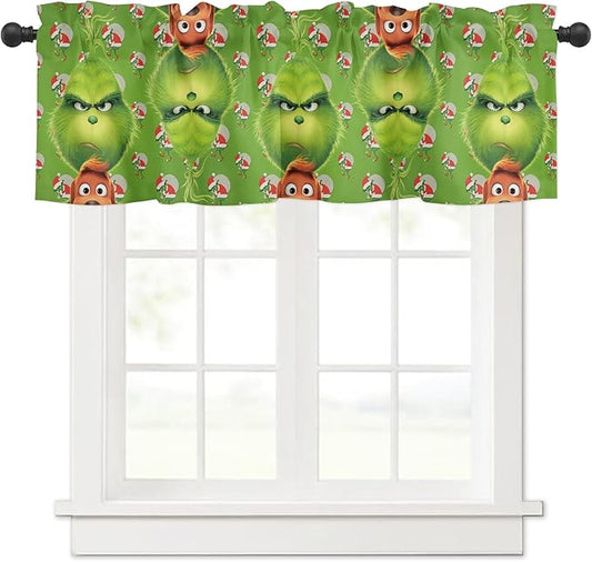 Green Monster Christmas Window Valance for Kitchen Living Room Merry Grinchmas Window Curtain for Bedroom Grin-ch Window Valance Rod Pocket Window Treatment Christmas Decors, 54" W x 18" L