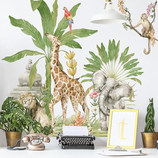 Large Jungle Animals Wall Decals Rainforest Giraffe Elephant Lion Wall Stickers Wild Animal Wall Stickers Peel and Stick for Kids Room Playroom Decor
