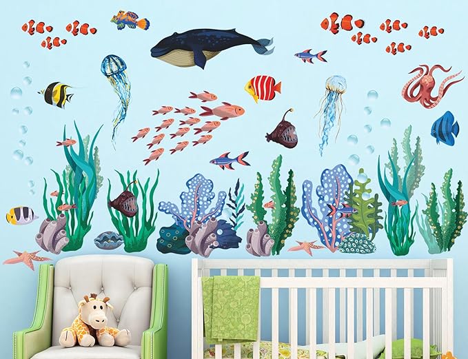 6 Sheets Under The Sea World Wall Decals Ocean Animals Wall Decals Removable DIY Watercolor Whale Jellyfish Fish Starfish Seaweed Ocean Grass Decor for Kids Living Room Bedroom Bathroom Decor