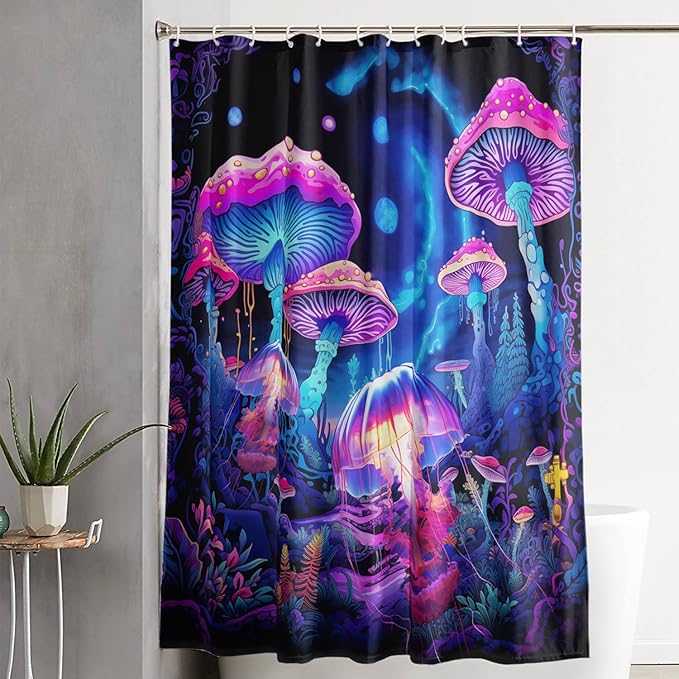 AILONEN Magic Mushroom Shower Curtain,Cartoon Jellyfish Shower Curtain Set for Bathroom,Natural Fungal Bathroom Curtain for Kids Girl,Boho Style Waterproof Fabric Bath Curtain with Hooks, 48" W*72" H