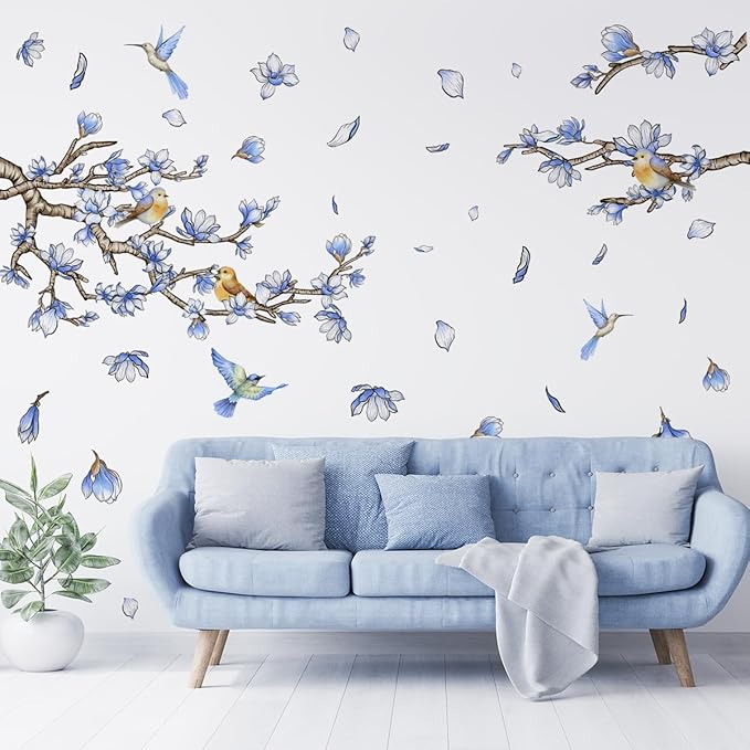 Blue Flowers Birds Wall Decals Blue Floral Garden Flower Wall Stickers Fairy Decals PVC Removable Wall Art Decals for Girls Bedroom Nursery Decor
