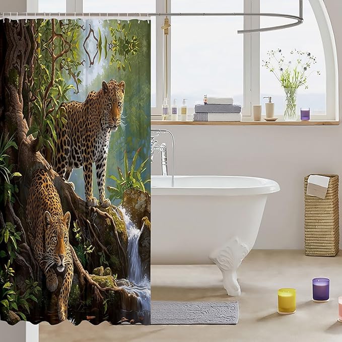 Feelyou Leopard Bath Curtain Kids Leopard Shower Curtain Wild Leopard Bathroom Shower Curtain Set Kids Toddler Yellow Leopard Kids Bathroom Accessories Mountain Leopard 72"x78"