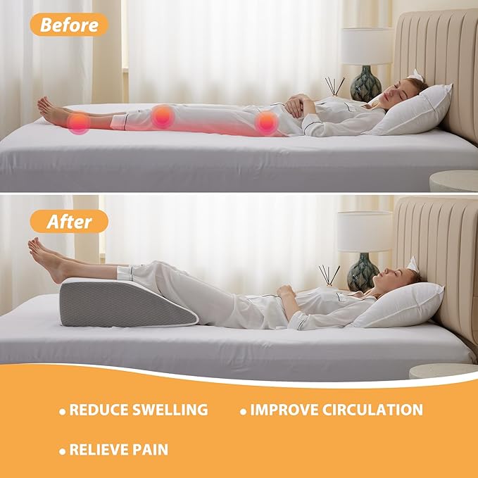 Leg Elevation Pillows, Leg Pillows for Sleeping, Cooling Gel Memory Foam Top, Wedge Pillow for Legs, Leg Wedges for Circulation, Swelling, After Surgery - Removable Cover (6 Inch, White/Grey)