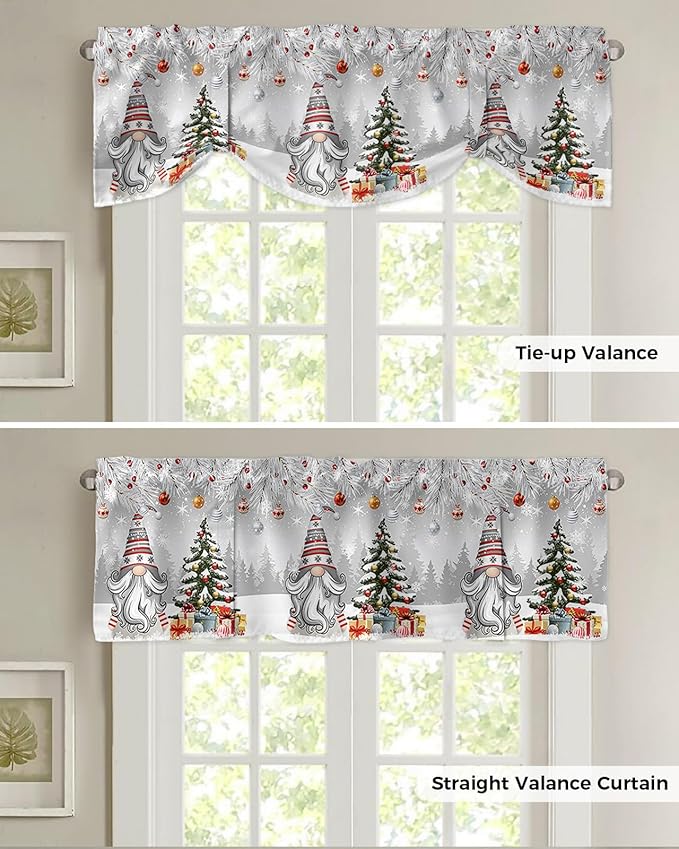 Christmas Gnome Blackout Tie Up Valance Curtains for Kitchen Windows Winter Merry Christmas Tree Balls Window Toppers Balloon Shades for Living Room/Bathroom/Bedroom,1 Panel, 60" X 18", Grey