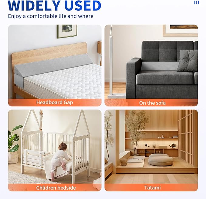 Bed Wedge Pillow for Headboard Gap, Queen Size Bed Wedge Gap Filler Mattress Wedge Filler(0-8") Triangle Bloster Pillow Wedge with 2 Side Pocket (60"x10"x6")