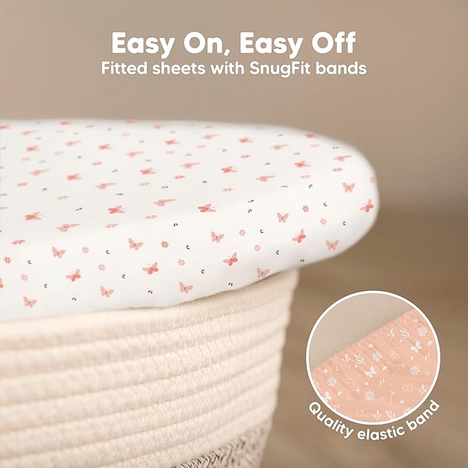 2-Pack Organic Bassinet Sheets for Girls, Boys - 100% Cotton Bassinet Mattress Sheets Compatible with Halo Bassinest Swivel Sleeper, Graco, Baby Delight, Chicco, Fitted Bassinet Sheets (Butterflies)