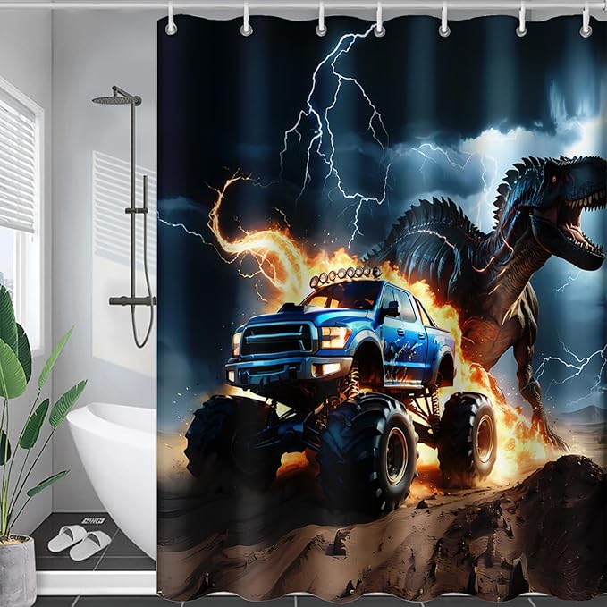 AILONEN Boys Dinosaur Shower Curtain, Monster Truck Bath Curtain,Lightning Roaring Dinosaur Kids Shower Curtain,Waterproof Curtain Bathroom 36" W*72" H Decor with 12 Plastic Hooks