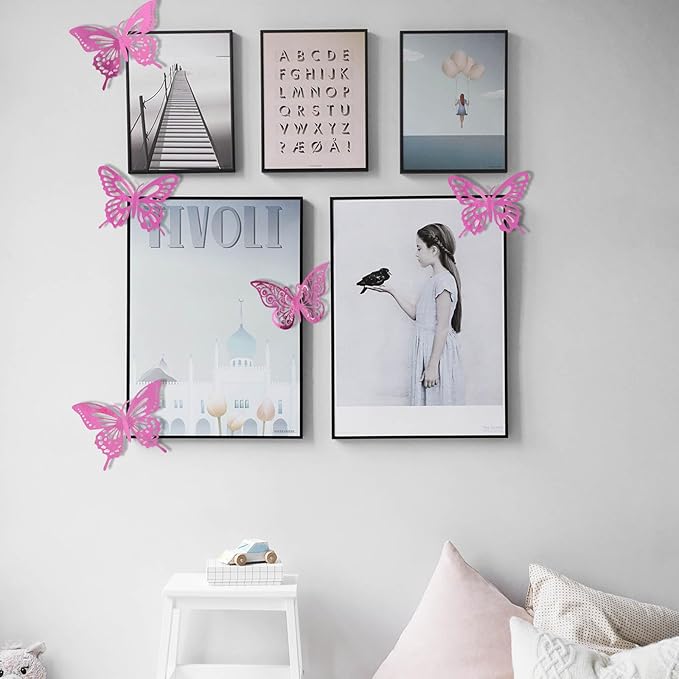 72Pcs 3D Butterfly Wall Decor 3 Sizes 3 Styles, Butterfly Decorations Party Birthday Cake Decoration, Removable Butterfly Wall Stickers for Kids Nursery Wedding Bedroom Room Decor(Pink)