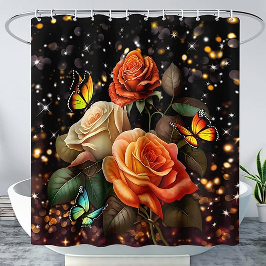 AILONEN Rose Flower Shower Curtain for Bathroom, Glitter Starry Flower Print Bath Curtain,Modern Botanical Floral Butterfly Waterproof Shower Curtain Decoration with 12 Plastic Hooks, 48" W*72" H