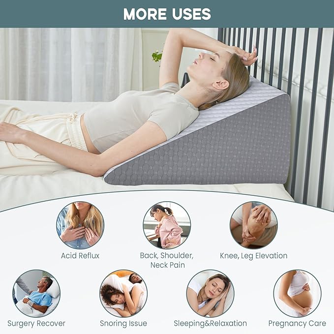 Bed Wedge Pillow, 8" 24" 24" Triangle Pillow Wedge, Cooling Memory Foam Top, Elevated Support Wedge Pillow for Relieving Acid Reflux, Heartburn, Snoring and GERD