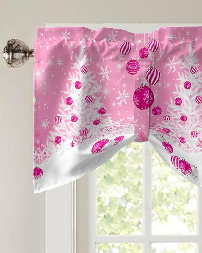 Pink Christmas Blackout Tie Up Valance Curtains for Kitchen Windows White Xmas Tree Snowflakes Pink Balls Window Toppers Balloon Shades for Living Room/Bathroom/Bedroom,1 Panel, 42" X 18", Winter