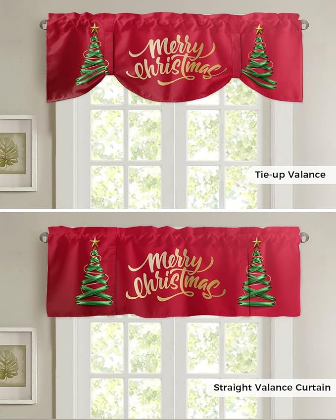 Merry Christmas Blackout Tie Up Valance Curtains for Kitchen Windows Christmas Tree Window Toppers Balloon Shades for Living Room/Bathroom/Bedroom,1 Panel,42" X 12" Winter Holidays