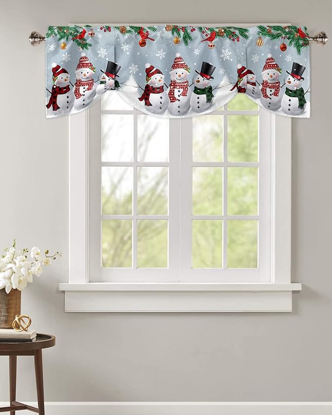 Christmas Blackout Tie Up Valance Curtains for Kitchen Windows Snowman Cardinal Window Toppers Balloon Shades for Living Room/Bathroom/Bedroom,1 Panel,60" X 18" Bluish Grey Winter Holiday