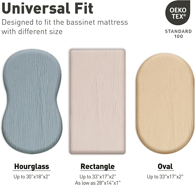 Muslin Bassinet Fitted Sheets, 2 Pack for Baby Boy and Girl, Soft Breathable Baby Pad/Mattress Sheet, Fit for Hourglass Oval and Rectangle Bassinet Mattress (Bright Colors, Bassinet Sheets 2 Pack)