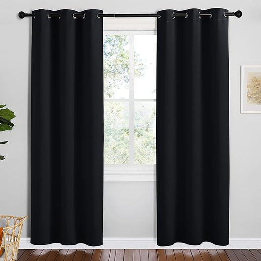 NICETOWN Halloween Bathroom Blackout Thermal Curtains and Drapes, 2 Panels, 42 inches Wide by 78 inches Long, Black, Solid Thermal Insulated Grommet Blackout Drapery Panels for Window