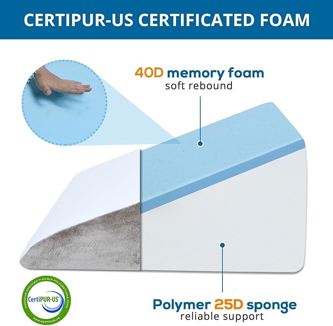 Sasttie Wedge Pillow for Sleep Apnea, 12 Inch Memory Foam Bed Wedge Pillow for Acid Reflux Relief, 30 Degree Triangle Incline Pillow Wedge for Sleeping with Removable Cover, Light Grey