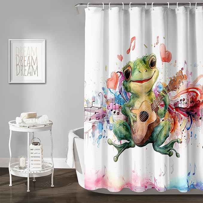 AILONEN Cartoon Frog Shower Curtain,Green Guitar Frog Bathroom Curtain for Kids Boys Girls,Kawaii Forg Animal Shower Curtains for Bathroom,Tie-Dye Theme Bathroom Curtain,48" W*72" H