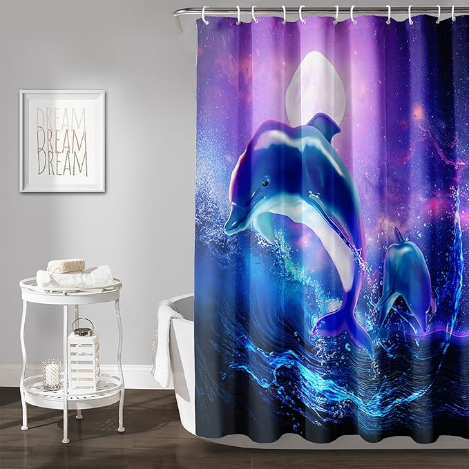 AILONEN Catrtoon Dolphin Shower Curtain Bathroom 72" W*84" H Blue Starry Sky Sea Water Cloth Fabric Bathroom for Kids Girls,Jumping Dolphin with Moon Shower Curtain Set