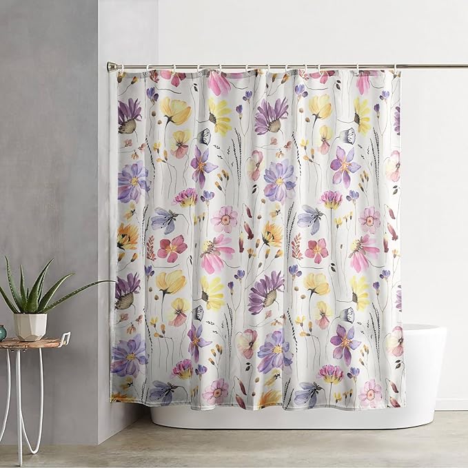 AILONEN Solemn Flowers Shower Curtain,Daisy Theme Bathroom Shower Curtain for Girls Kids Teens, 36" W*72" H Watercolor Patchwork Flowers Bathroom Decor for Bathroom