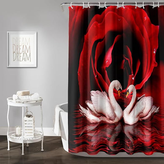 AILONEN 3D Printed Rose Shower Curtain,Red Rose Bath Curtain, White Swan Shower Curtain for Bathroom Decor,60" W*72" H Polyester Waterproof Bath Curtain with 12 Hooks