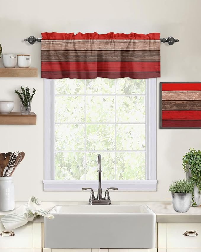 Farmhouse Kitchen Curtains Valances for Windows , Christmas Red Brown Rod Pocket Country Window Treatment for Kitchen /Living Room/Bedroom/ Bathroom,42" X 12" -1 Panel, Retro Rustic Barn Wood Texture