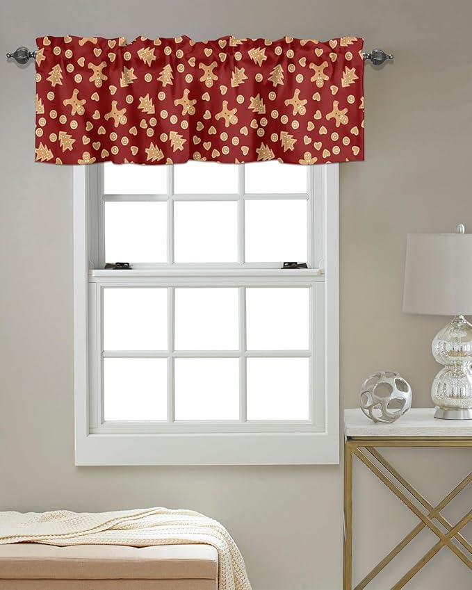 Vandarllin Christmas Kitchen Curtains Valances for Windows Red Merry Christmas Gingerbread Man Cookies Rod Pocket Window Treatment for Kitchen/Living Room/Bedroom/Bathroom,60" X 18" -1 Panel,