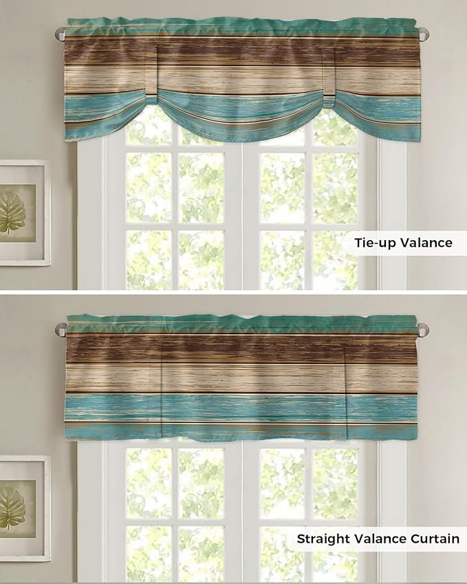 Farmhouse Blackout Tie Up Valance Curtains for Kitchen Windows Teal Turquoise Green Brown Country Window Toppers Balloon Shades for Living Room/Bathroom/Bedroom,54" X 18" Retro Rustic Barn Wood
