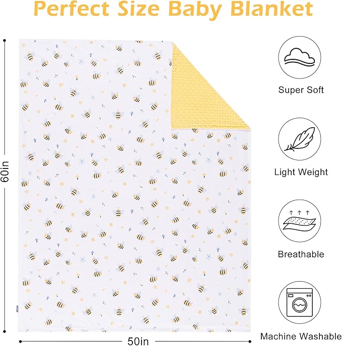 Baby Blanket for Boys Girls Super Soft Blanket,Fluffy Warm Lightweight Baby Receiving Blankets,Double Layer with Dotted Backing for Toddler Nursery (Bee, 50 * 60inch)