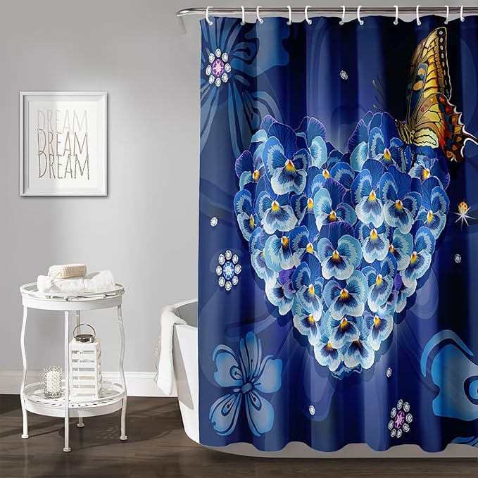 AILONEN Blue Floral Shower Curtain for Girls,Beautiful Butterfly Heart Flower Bath Curtain for Bathroom,Blue Print Polyester Waterproof with 12 Plastic Hooks, 72" W*78" H Blue