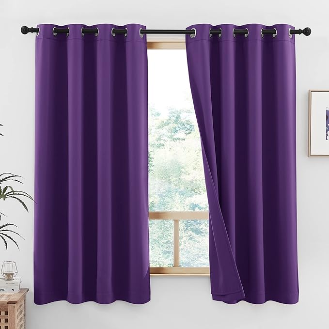NICETOWN Kitchen Full Blackout Curtain Panels, Super Thick and Soft Insulated Window Covers, 100% Blackout Draperies with Same Color Backing for Cafe Window (Royal Purple, Set of 2 PCs, 52 by 45-inch)