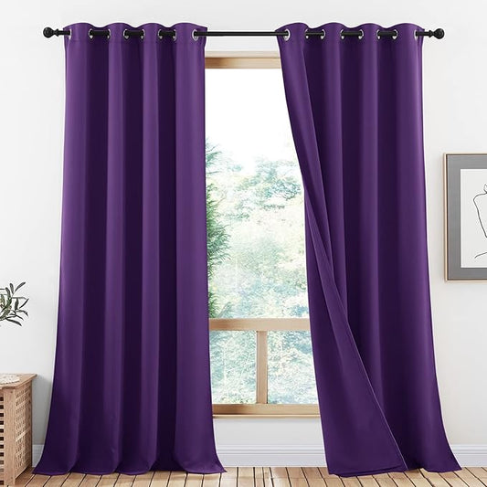 NICETOWN Purple Truly Blackout Drapes for Living Room, Heavy-Duty Full Light Shading Curtains with Same Color Liner Backing for Villa/Hall/Dorm Window（Royal Purple, 2 PCs, 52 inches W x 95 inches L