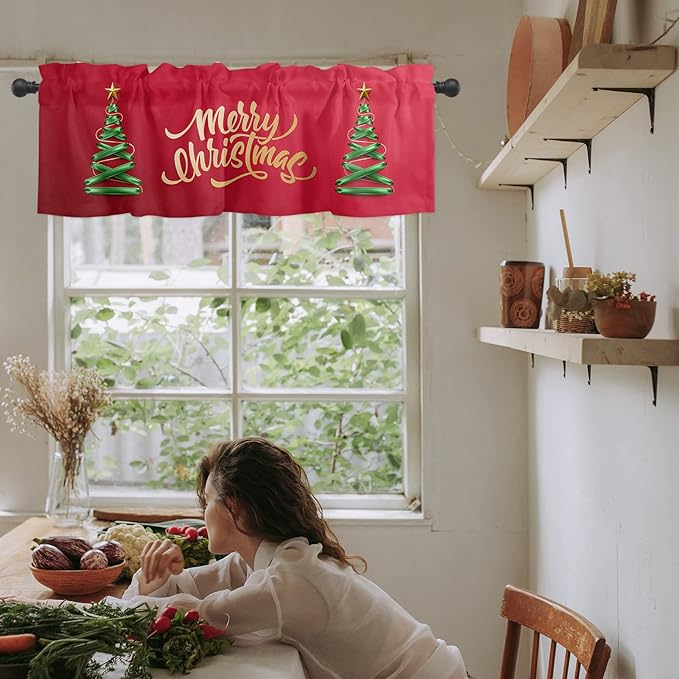 Vandarllin Merry Christmas Kitchen Curtains Valances for Windows Christmas Tree Rod Pocket Window Treatment for Kitchen/Living Room/Bedroom/Bathroom,42" X 12" -1 Panel, Winter Holidays