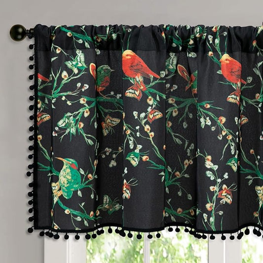 Leeva Birds & Butterflies Printing Curtain Valances, Rod Pocket Boho Short Drapes for Kitchen, Pom Pom Tasseled Small Window Treatment for Bathroom, 52 x 18, 1 Piece