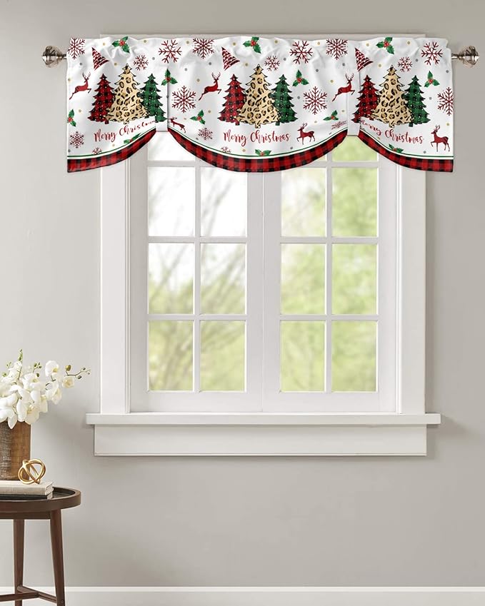 Merry Christmas Blackout Tie Up Valance Curtains for Kitchen Windows Farm Christmas Tree Buffalo Plaid Leopard Window Toppers Balloon Shades for Living Room/Bathroom/Bedroom,42" X 18" Holiday Decor