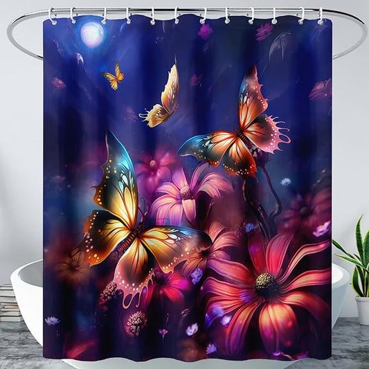 AILONEN Beautiful Butterfly Shower Curtain for Kids Girls Boys, Colorful Butterfly with Flower Bath Curtains for Bathroom,Boho Style Natural Plants Shower Curtain Set with Hooks,48" W*72" H