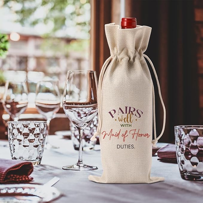Maid of Honor Bridesmaid Proposal Gifts, Maid of Honor Bridesmaid Wine Bag, Wedding Engagement Gift for Maid of Honor Bridesmaid Wine Bottle Bag, Pairs Well with Maid of Honor Duties Wine Bags