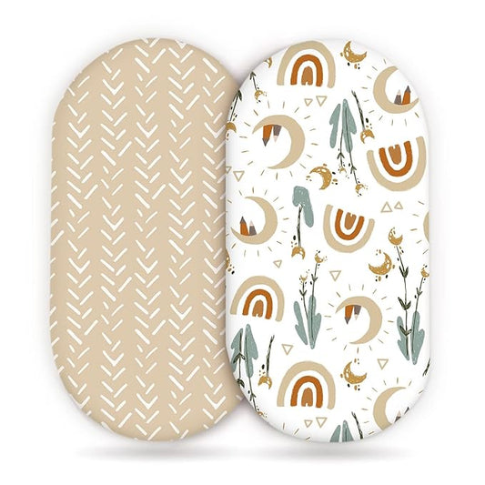 GRSSDER Stretchy Ultra Soft Fitted Bassinet Sheets Set 2 Pack, Cradle Sheet Universal Fit for Rectangle, Oval, or Hourglass Bassinet Pad/Mattress Safe and Snug, Stylish Cute Rainbow Print for Baby