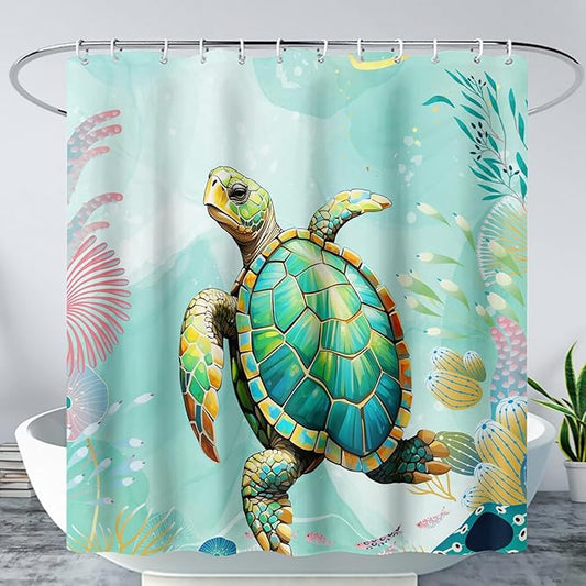 AILONEN Cute Sea Turtle Shower Curtain,Cartoon Turtle with Water Plant Shower Curtain Set for Bathroom,Kawaii Ocean Animal Theme Waterproof Fabric Shower Curtain with Hooks,72" W*72" H