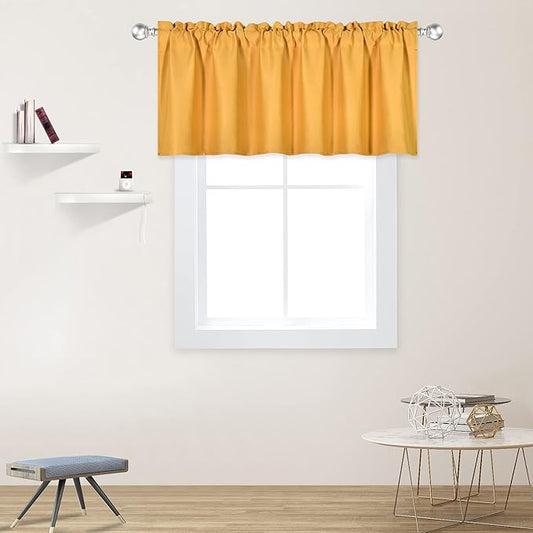 Gold Yellow Valance for Windows 52x18 Inch Solid Thermal Insulated Blackout Rod Pocket Kitchen Short Curtain Toppers Valance for Bathroom Living Room 1 Panel