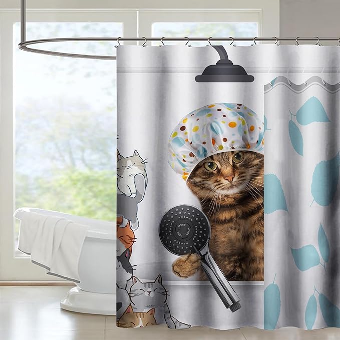 AILONEN Funny Cat with Shower Cap Shower Curtain for Kids 72" W*72" H Inch,Cute Cartoon Animals Bathroom Curtain,12 Pack Hooks Polyester Waterproof Fabric Decor for Bathroom,White