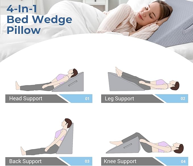 COOLBEBE Bed Wedge Pillow for Sleeping, Elevated Wedge Pillow for Sleep Apnea with Air Layer Washable Cover, 12Inch Foam Wedge Triangle Pillow for Acid Reflux, Gerd, Snoring and After Surgery