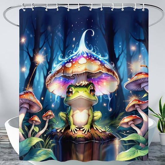 AILONEN Cartoon Frog Shower Curtain,Magic Mushroom Waterproof Fabric Bath Curtain for Kids Girls,Boho Style Tropical Amphibian Shower Curtain Set for Bathroom, 72" W*72" H