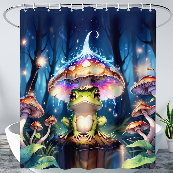 AILONEN Cartoon Frog Shower Curtain,Magic Mushroom Waterproof Fabric Bath Curtain for Kids Girls,Boho Style Tropical Amphibian Shower Curtain Set for Bathroom, 36" W*72" H