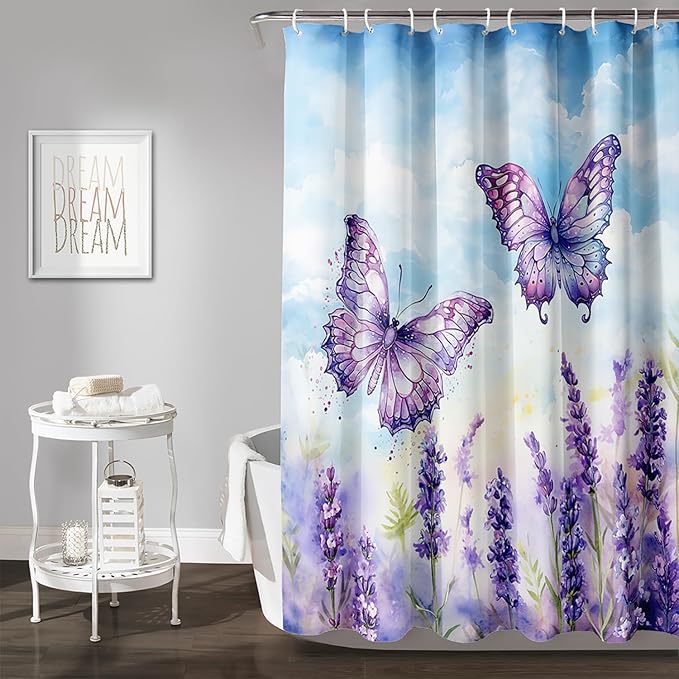 AILONEN Beautiful Butterfly Shower Curtain for Kids Girls Boys, Flying Butterfly Bath Curtains for Bathroom,Blossoming Lavender Flowers Shower Curtain Set with Hooks,48" W*72" H